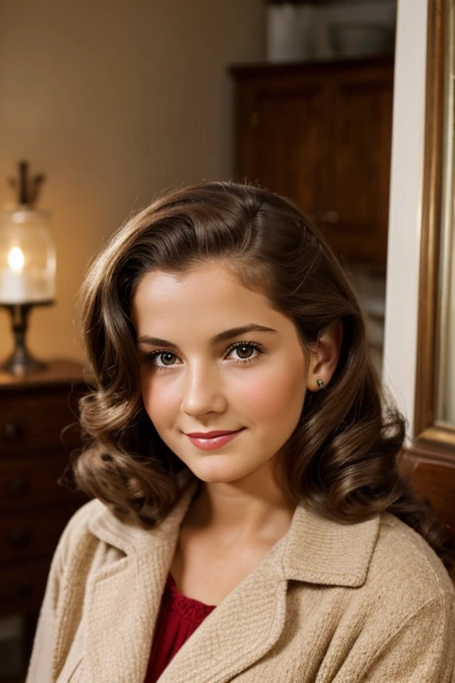 Medium view, of young aged, 16 year old, mom, gilf, milf, face portrait, jewish features, long hair, brown hair, 1940s hair style, 1940s clothing, in cozy home,