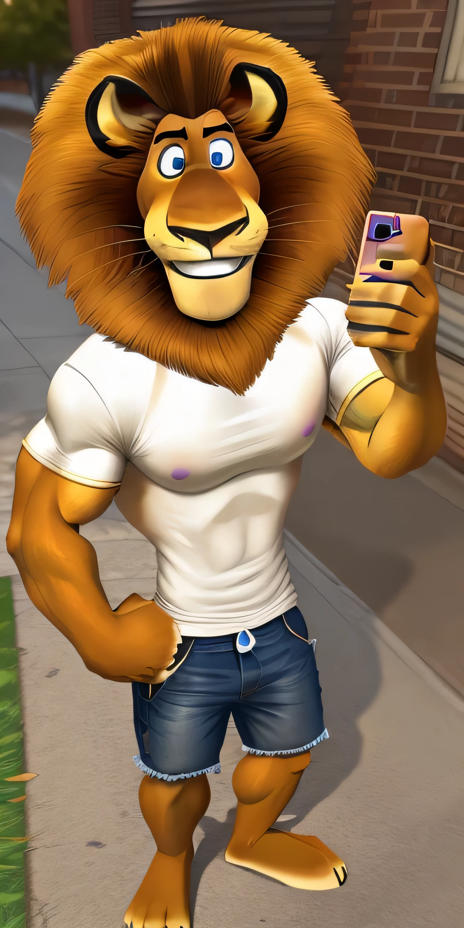 Alex the Lion, muscular body, big biceps, extremely beautiful and cute face, perfectly detailed blue eyes with perfectly detailed black pupils, wears white t-shirt, denim cargo shorts, bare feet, streets background, selfie, friendly look, smiling