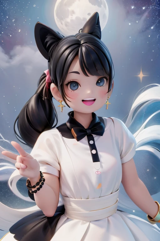 a joyful girl smiling, open mouth smile, bright eyes, black hair, hairbow, crop shirt, earrings, choke, bracelet, extremely happy, open arms, feeling the wind, birds flying around, moonlight rays, full moon, starry sky, a lot of lanters