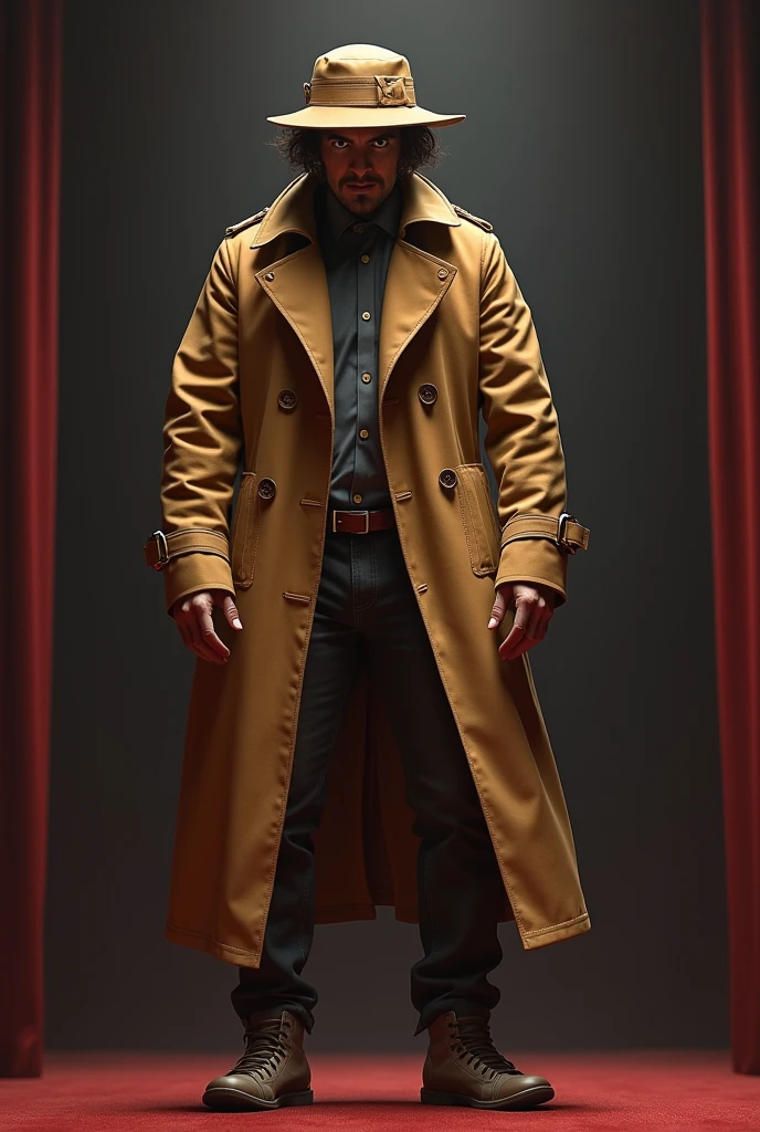 two people stacked in a trench coat, tan trench coat, wig, hat, sneaking into movies, totem pole trench coat, tpt