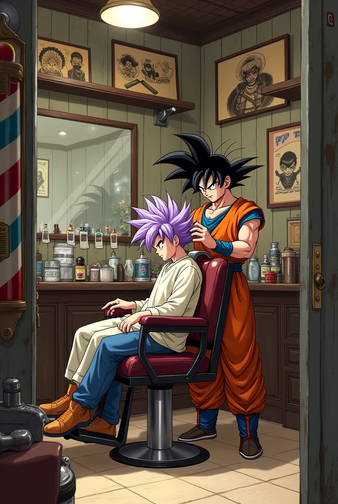 Goku cutting truns' hair classic barbershop with tattoos with classic drawing for barbershop painting