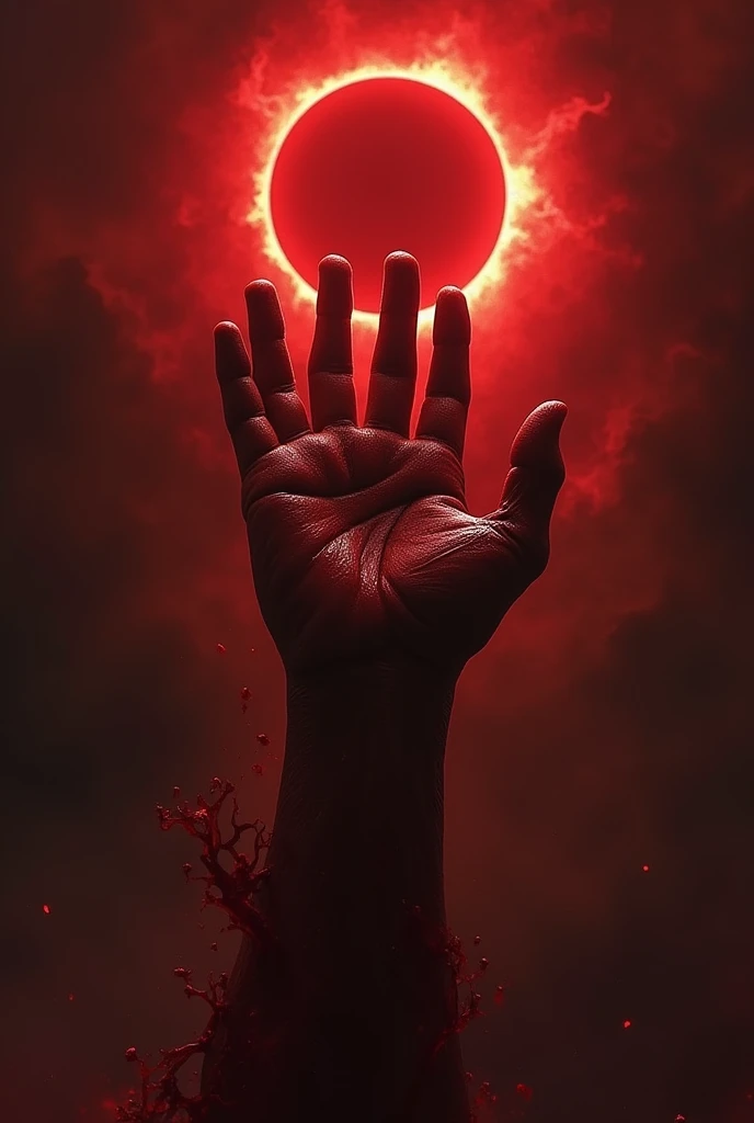 A strong open and raised hand bathed in blood with a dark red background exalting a reddish solar eclipse with an apocalyptic scenario 
