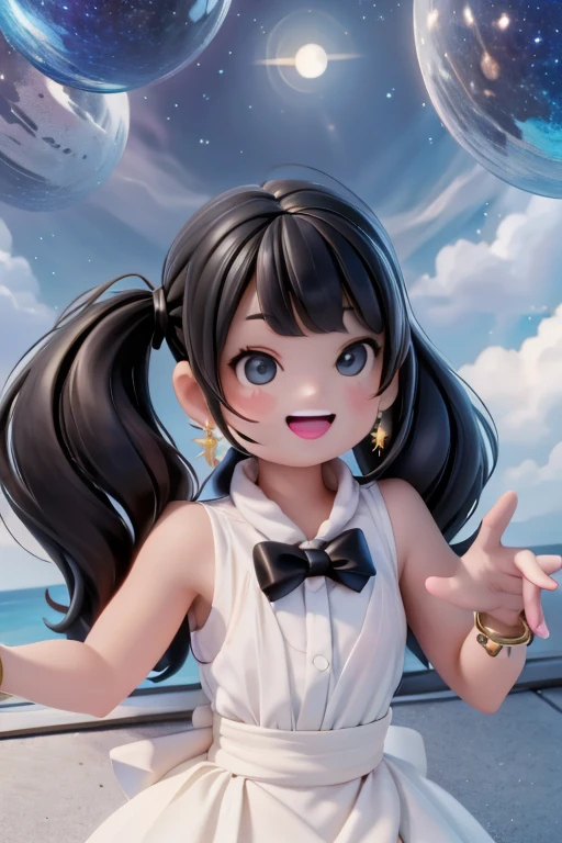 a joyful girl smiling, open mouth smile, bright eyes, black hair, hairbow, strapless shirt, earrings, choke, bracelet, extremely happy, open arms, feeling the wind, birds flying around, moonlight rays, full moon, starry sky, a lot of lanters