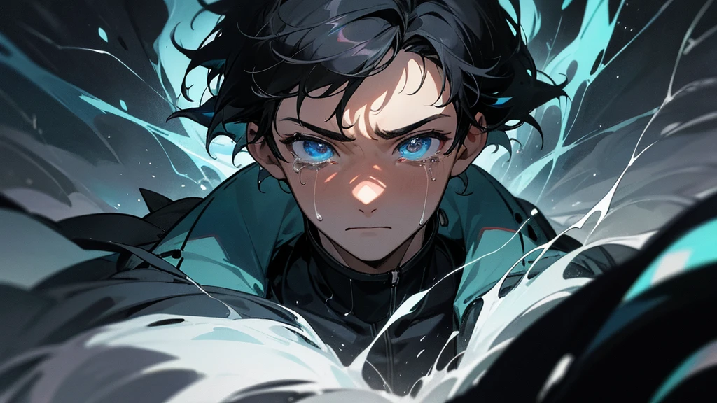 Close-up of a 16-year-old boy’s face with his eyes closed and tears streaming down. His expression is one of confusion and frustration. The dark background features a chaotic storm with swirling colors and lightning, creating a dramatic contrast that emphasizes his emotional state.