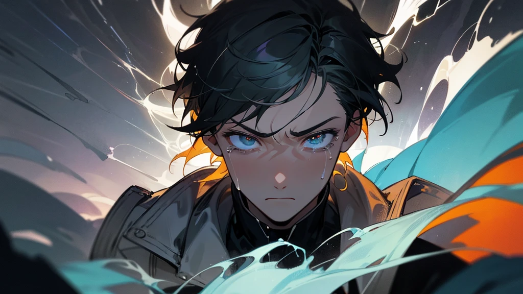 Close-up of a 16-year-old boy’s face with his eyes closed and tears streaming down. His expression is one of confusion and frustration. The dark background features a chaotic storm with swirling colors and lightning, creating a dramatic contrast that emphasizes his emotional state.