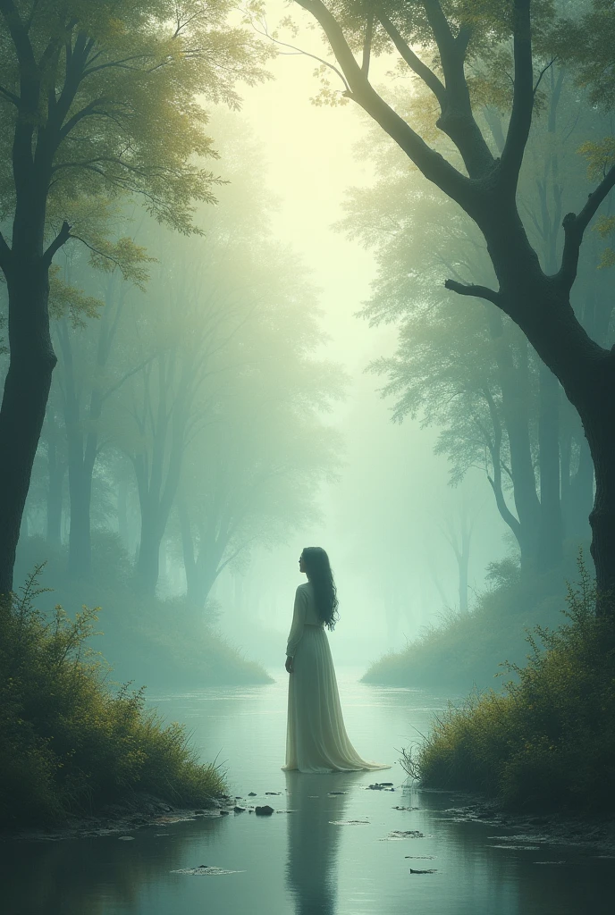 Create an image that depicts the concept of being alone physically but spiritually connected to those who dwell in our hearts. The scene should be tranquil and slightly melancholic, with a solitary figure in a quiet, serene environment. The presence of other souls should be felt but not seen directly, creating a sense of invisible connection. The name 'Nawal' should be subtly incorporated into the image, barely noticeable, blending into the background to symbolize this unseen spiritual bond."