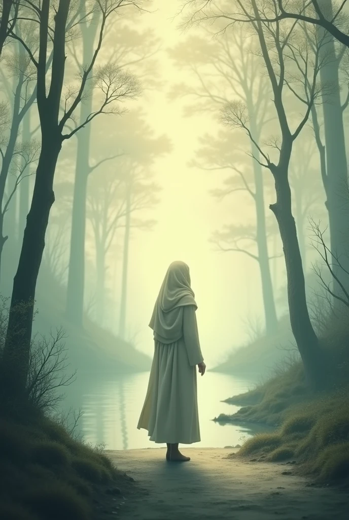 Create an image that depicts the concept of being alone physically but spiritually connected to those who dwell in our hearts. The scene should be tranquil and slightly melancholic, with a solitary figure in a quiet, serene environment. The presence of other souls should be felt but not seen directly, creating a sense of invisible connection. The name 'Nawal' should be subtly incorporated into the image, barely noticeable, blending into the background to symbolize this unseen spiritual bond."