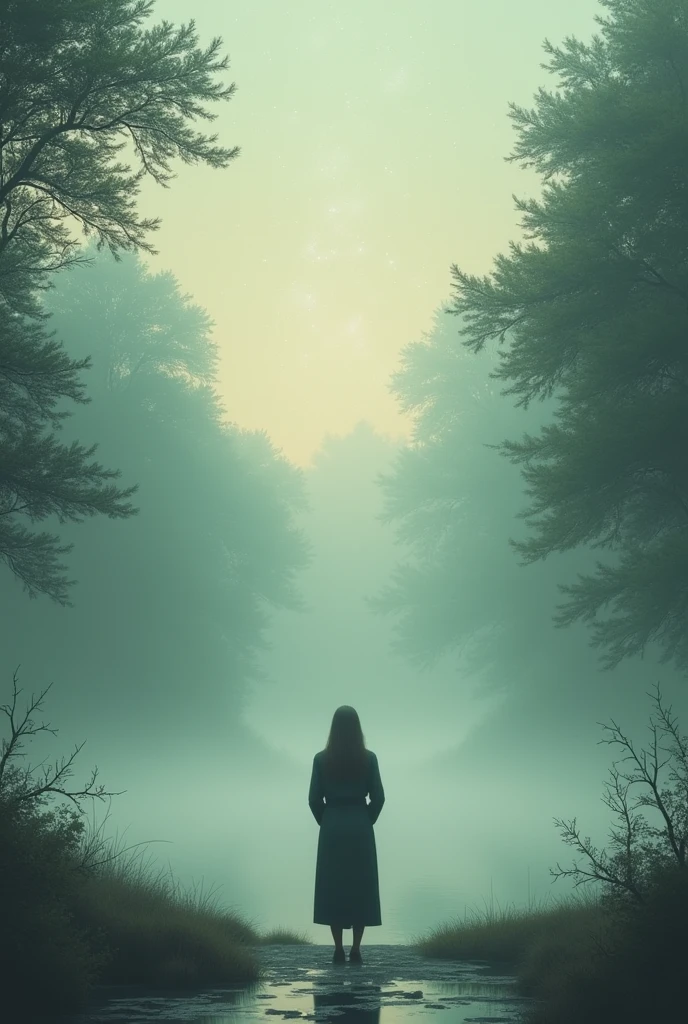 Create an image that depicts the concept of being alone physically but spiritually connected to those who dwell in our hearts. The scene should be tranquil and slightly melancholic, with a solitary figure in a quiet, serene environment. The presence of other souls should be felt but not seen directly, creating a sense of invisible connection. The name 'Nawal' should be subtly incorporated into the image, barely noticeable, blending into the background to symbolize this unseen spiritual bond."