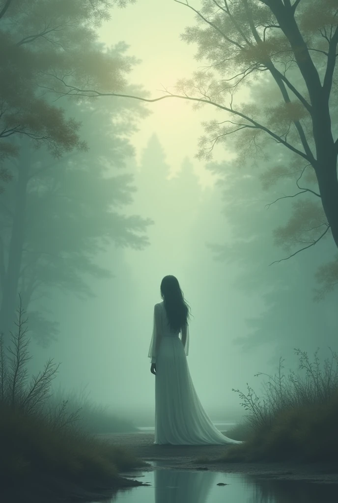 Create an image that depicts the concept of being alone physically but spiritually connected to those who dwell in our hearts. The scene should be tranquil and slightly melancholic, with a solitary figure in a quiet, serene environment. The presence of other souls should be felt but not seen directly, creating a sense of invisible connection. The name 'Nawal' should be subtly incorporated into the image, barely noticeable, blending into the background to symbolize this unseen spiritual bond."