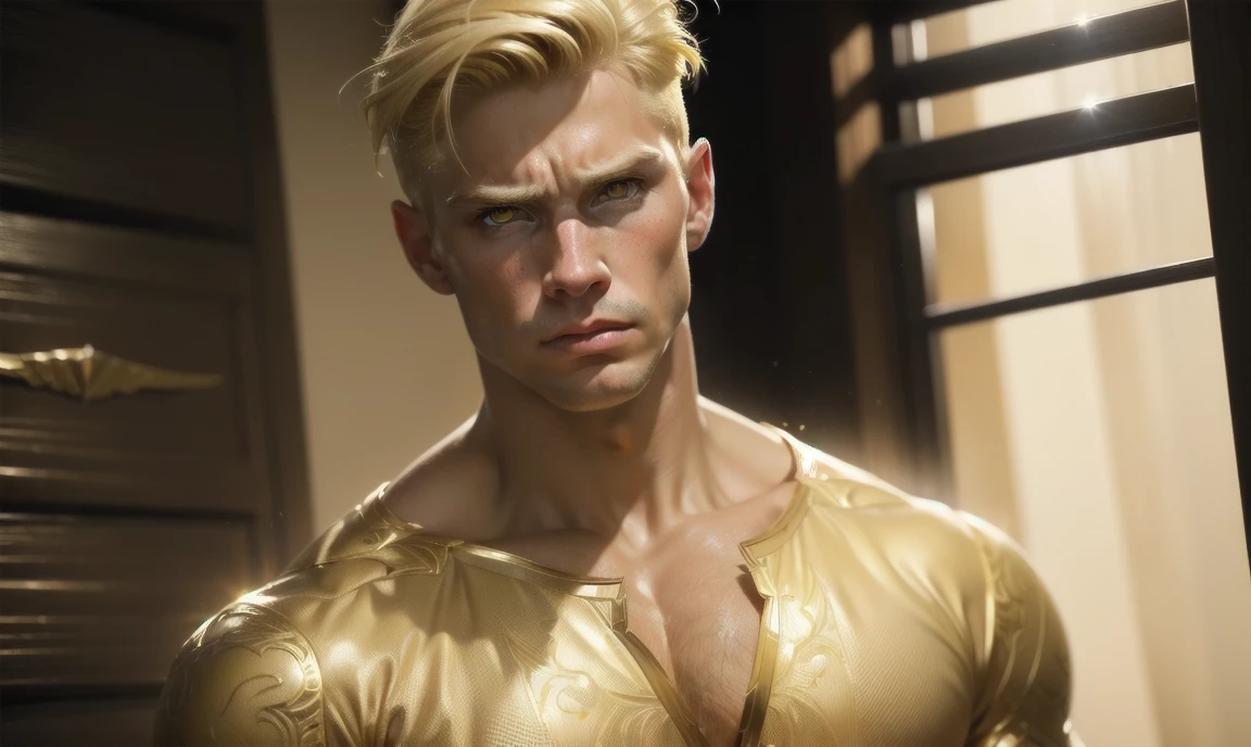 [((highly detailed, detailed eyes, detailed face, clear and realistic facial features, photorealistic, realistic light, cinematic, looking at you)), (1 man), (((((Gorgeous perfect sexy powerful masculine male angel))))), (((he has two grand golden angel wings sprouting out of his back))), ((((short sexy blond hair)))), ((((pale yellow eyes)))), ((3)), ((wearing flattering gold and white clothes)), (((aura of divine power))), standing in a cozy apartment at nighttime, ((light blush)), (((((wearing a clearly indignant expression)))))]