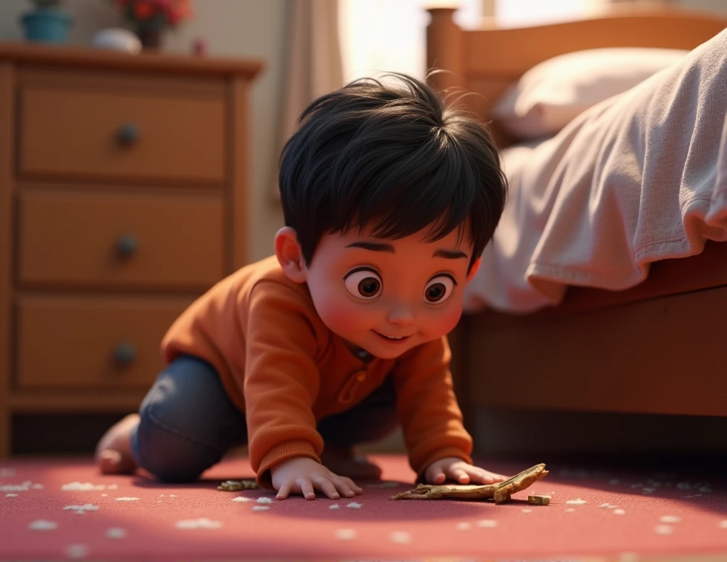 Person crouching down looking for something lost under the bed, disney pixar style