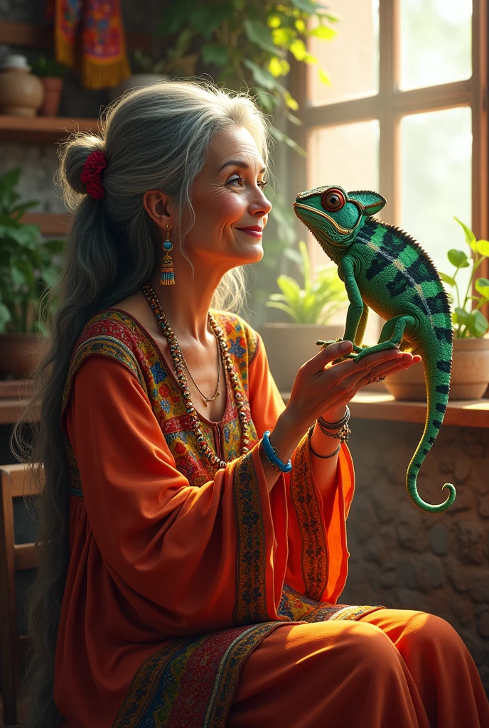 67-year-old lady of Mexican nationality, which is hippie and bohemian, feeds his chameleon Irvin