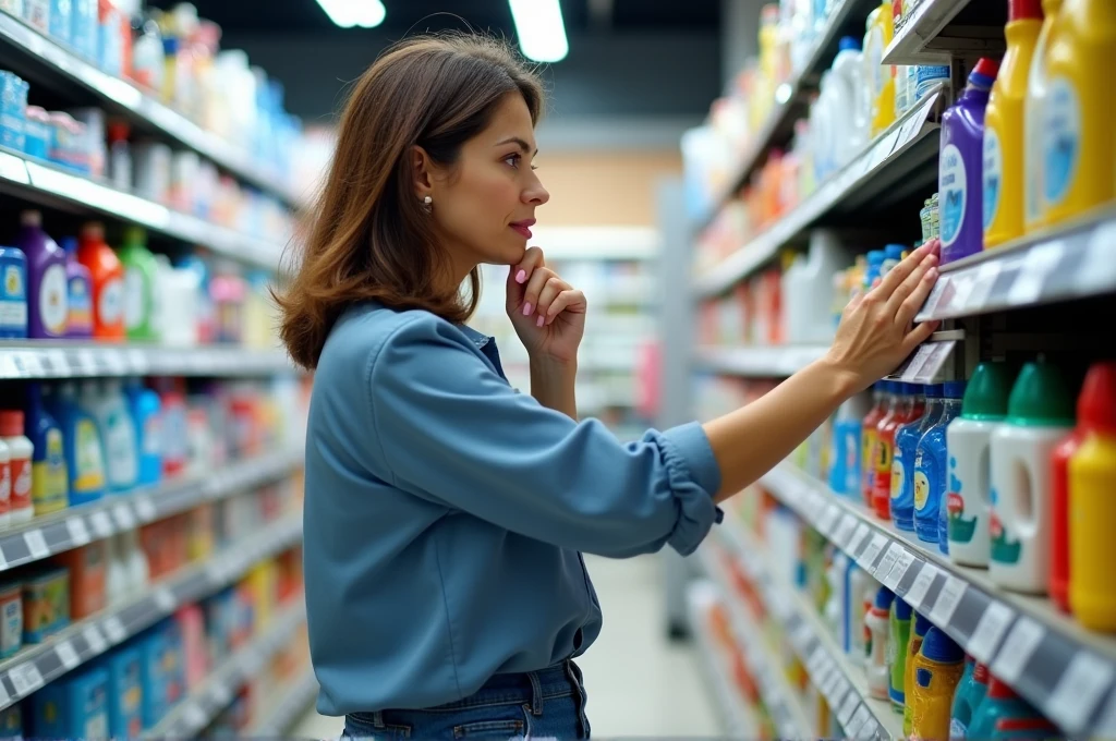 woman shopping for cleaning products in supermarket