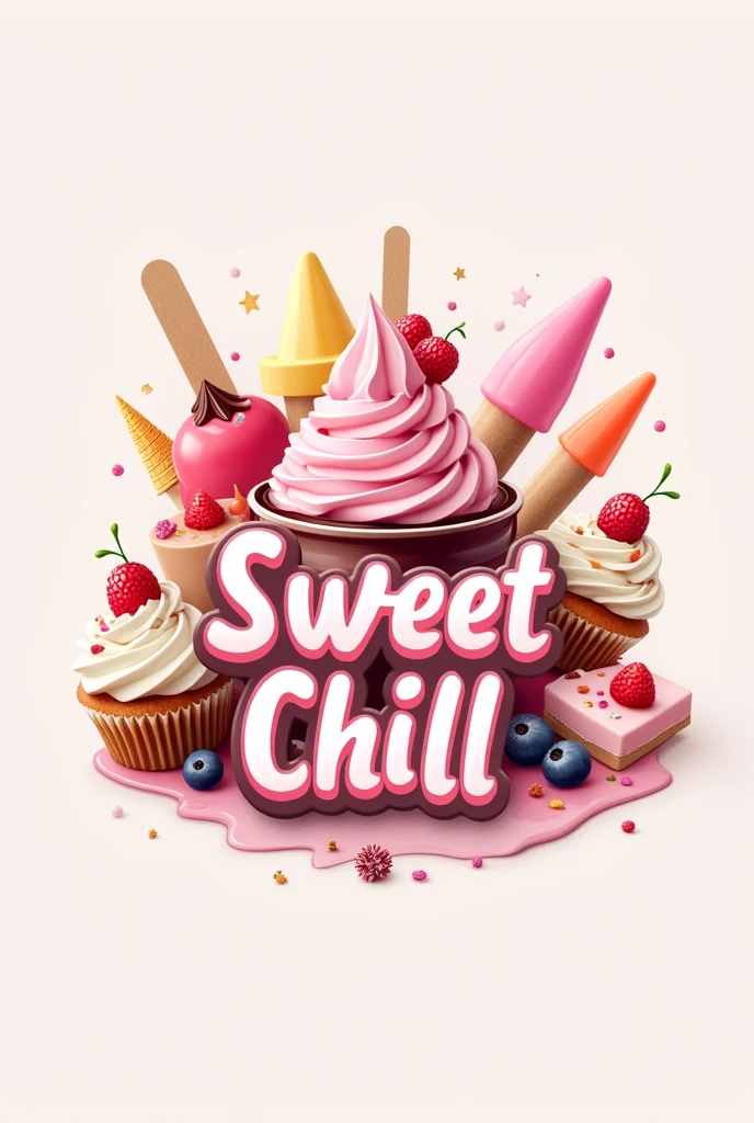 logo of a professional frozen and regular sweets company, that has lots of sweets and the name sweet chill highlighted







