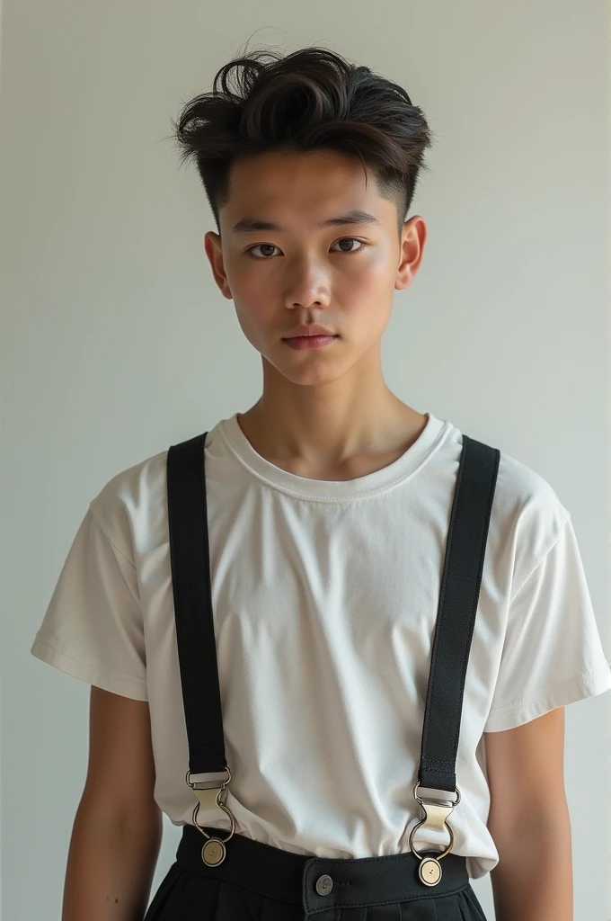 A white  from , com Wolf cut, with a toned physique wearing suspenders