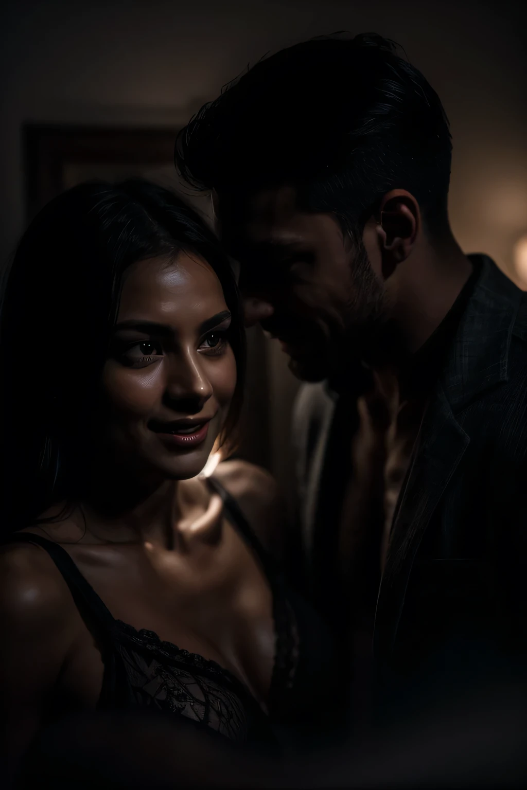 "In a dark and romantic environment, a dating man and woman are screaming with happiness and pleasure. Their face is illuminated by soft, intimate lighting, revealing an expression of satisfaction and happiness. 4K resolution captures every detail, from the texture of the fabric of the dressed down to the delicate play of shadows and light on the skin.