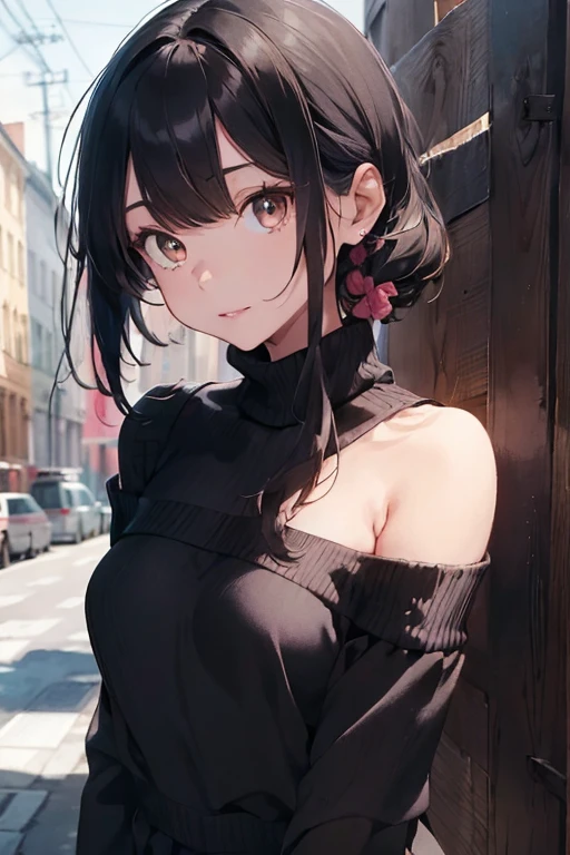 ((best quality)), ((masterpiece)), (detailed), 1girl, off-shoulder sweater, black hair, shoulder-length hair, brown eyes, matte pink lips, black hair, left-shoulder tattoo, body, small chest, slight teasing, slight smile