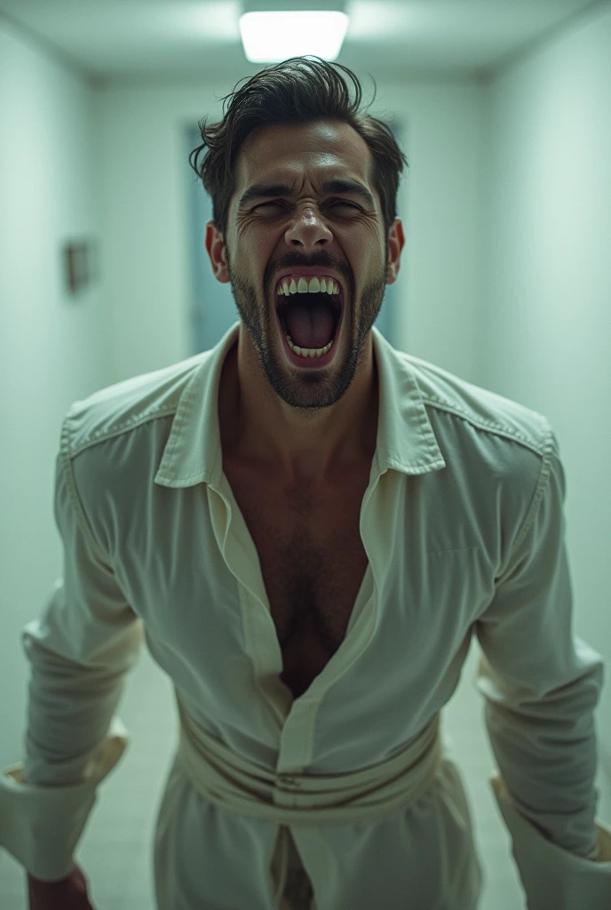 Handsome and sexy crazy man laughing in a mental asylum with a white straitjacket
