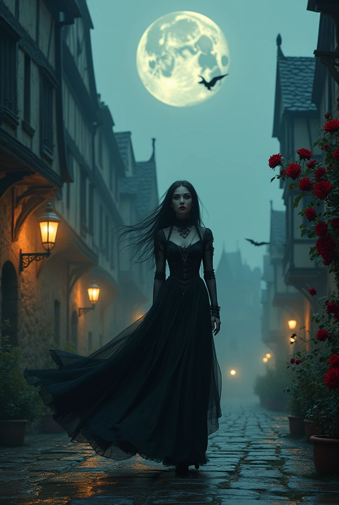 gothic art, dark fantasy art, a picture of a woman walking in a gothic style street at night, medieval street (1.4 intricate details, Masterpiece, best quality) at night (1.4 intricate details, Masterpiece, best quality), several buildings (1.4 intricate details, Masterpiece, best quality), red roses, beautiful woman (1.4 best details, gothic art, Masterpiece, best quality) Ultra Detailed Face (1.4 intricate details, gothic art, Masterpiece, best quality)woman walks in the [[street]] wearing dress (1.4 intricate details, Highly detailed Masterpiece, best quality) Ultra Detailed Face (1.4 intricate details, fantasy art, Masterpiece, best quality) bats flying in the background, dynamic angle, affraid, gothic atmposphere, moon light, wide angle, ultra wide angle, (8k, Photorealistic, Best Quality: 1.4)