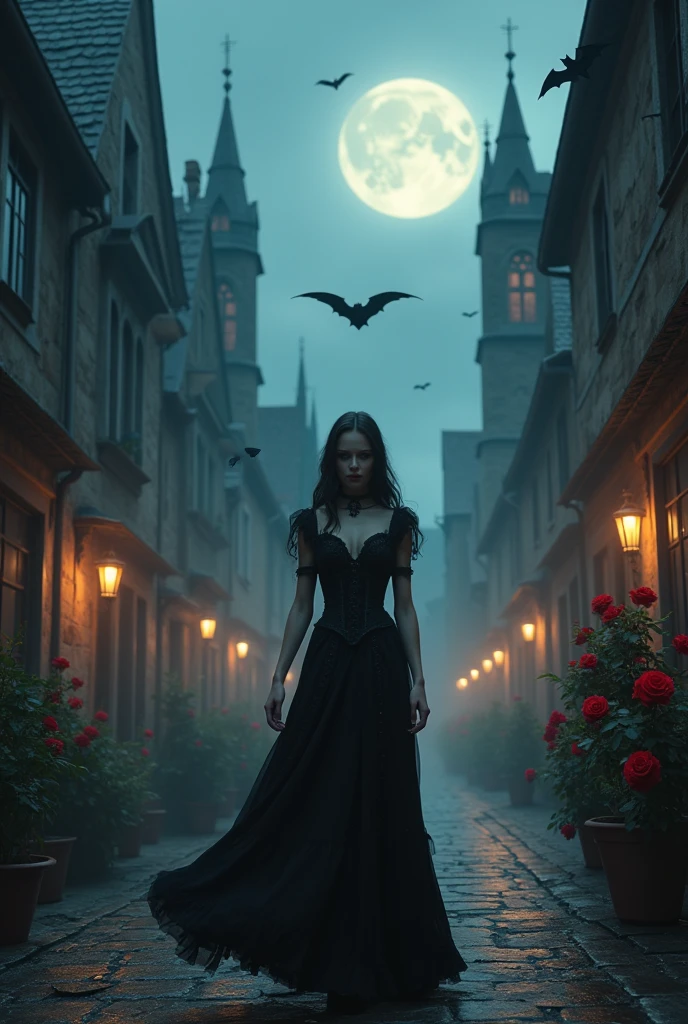 gothic art, dark fantasy art, a picture of a woman walking in a gothic style street at night, medieval street (1.4 intricate details, Masterpiece, best quality) at night (1.4 intricate details, Masterpiece, best quality), several buildings (1.4 intricate details, Masterpiece, best quality), red roses, beautiful woman (1.4 best details, gothic art, Masterpiece, best quality) Ultra Detailed Face (1.4 intricate details, gothic art, Masterpiece, best quality)woman walks in the [[street]] wearing dress (1.4 intricate details, Highly detailed Masterpiece, best quality) Ultra Detailed Face (1.4 intricate details, fantasy art, Masterpiece, best quality) bats flying in the background, dynamic angle, affraid, gothic atmposphere, moon light, wide angle, ultra wide angle, (8k, Photorealistic, Best Quality: 1.4)