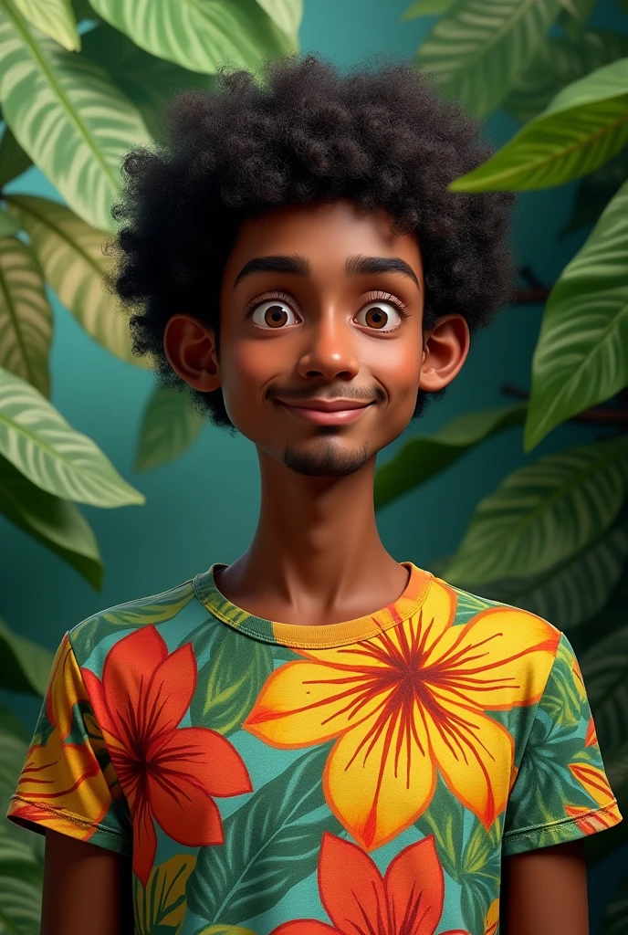 /imagine a thin mexican man, brown skin, afro hair, no mustache no beard, smooth face with tropical t-shirt
