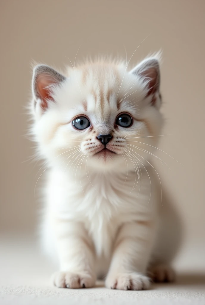 A picture of a white and grey kitten with a black nose