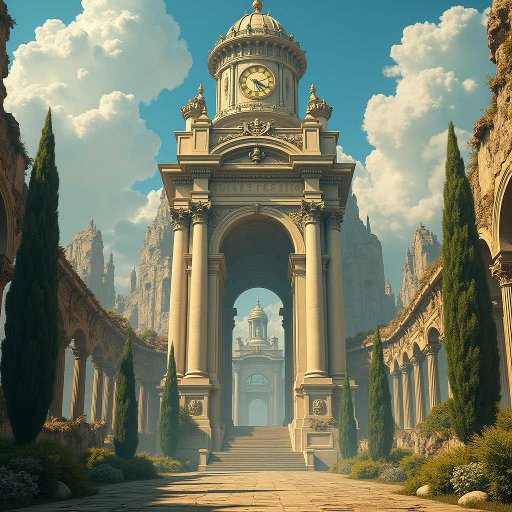 arafed structure with a clock on top of it in a park, surrealistic roman architecture, rotunda, ornate city ruins, archs and columns, san francisco, high quality architectural art, giant majestic archways, art nouveau temple, ornate architecture, hyperdetailed photograph, architecture carved for a titan, monumentally art composition, inspired by Gustave Boulanger