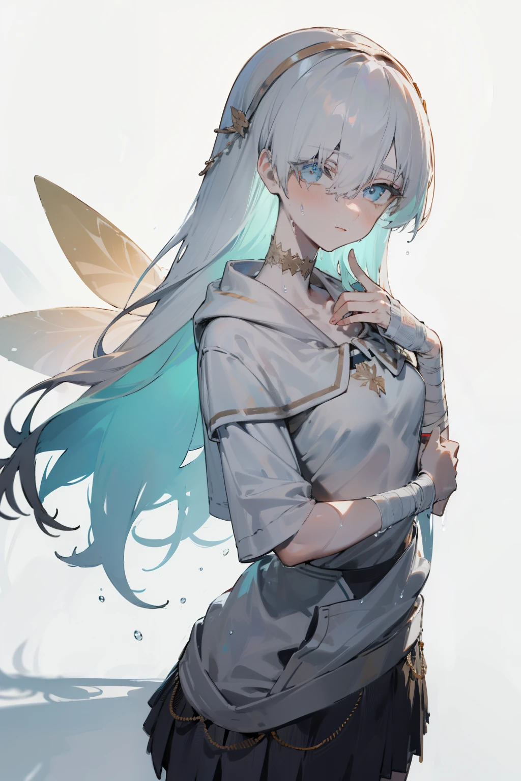 (Masterpiece), (High Quality), perfect light and shadows, sidelight, fairy skin, wet skin, 1 Girl, (((detailed eyes))), deep colds eyes, clear eyes, slim body, bug chest, thin waist, athletic body, multi color hair, bandages, Fashioning cloth, hoody, short skirt, thin t-shirt, bra.