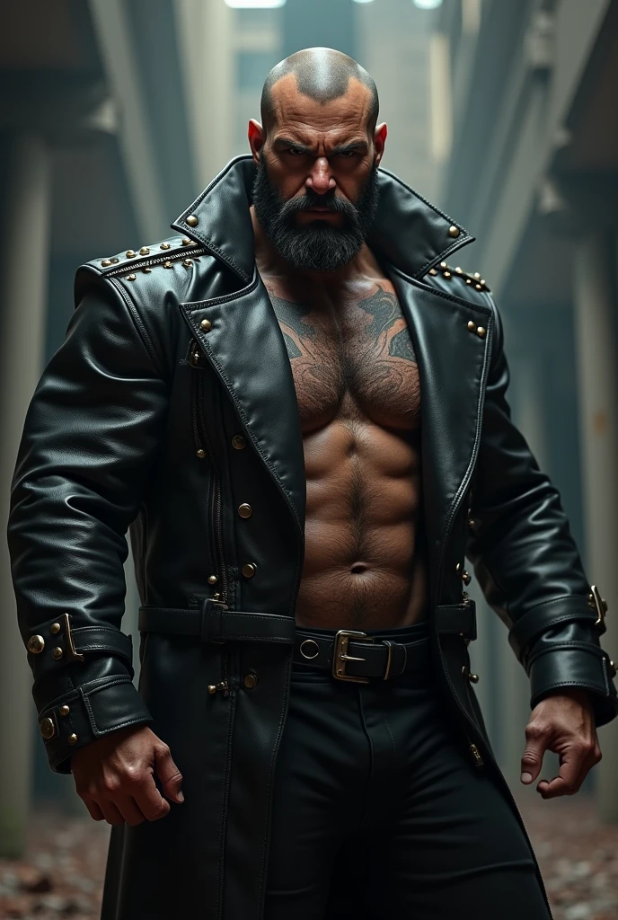 a side view of a muscular man in a long black sleeved leather coat full of metal studs and the massive, exxagerated, tall high collar turned up stuck to the sides of his face completely, detailed facial features, extremely detailed muscular physique, chest hair, hairy chest, masculine tattoos, large penis, big cock, massive outline of bulging penis, fierce and intimidating expression, commanding pose, black mohawk, bearded face, clear and sharp lighting, photorealistic, cinematic, hyper-realistic, high quality, 8k, ultra-detailed, physically-based rendering, studio lighting, no pants, no underwear.