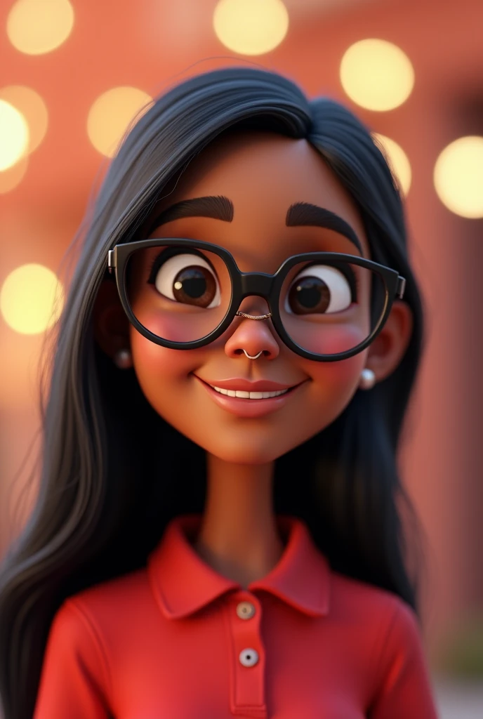 Cartoon characters of a young woman HAPPY BROWN SKIN STRAIGHT HAIR, long and black, with glasses, WITH NOSE EARRING AND A RED POLO SHIRT animation style rendering, 3D stylized, Arnold Maya rendering, Render 3D stylized, , 3D character, 3D character, Stylized 3D rendering, 3d character rendering, cartoon character, Close-up character, Character pose, (pixar style) (master part:1.2) (bokeh) (Best Quality) (detailed skin) (detailed texture) (8k) (clay) (cinematic lighting) (sharp focus