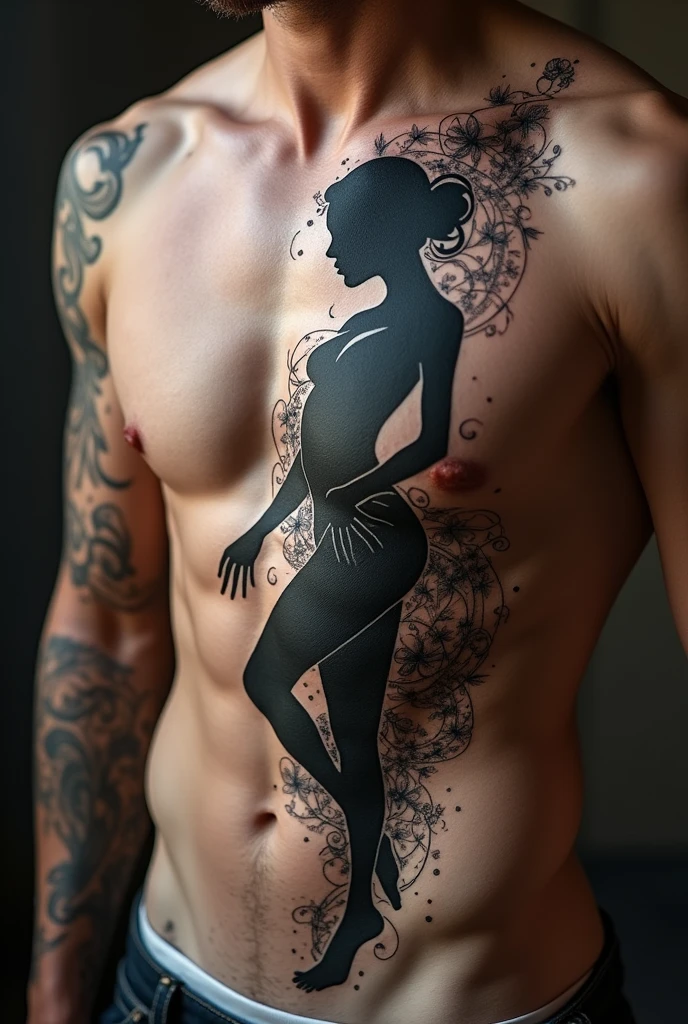 Tattoo with a design to accompany the silhouette of a woman, on the ribs of man