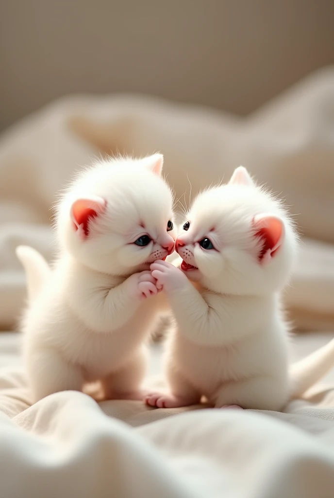 Two cute white kittens aughing and playing with each other on bed