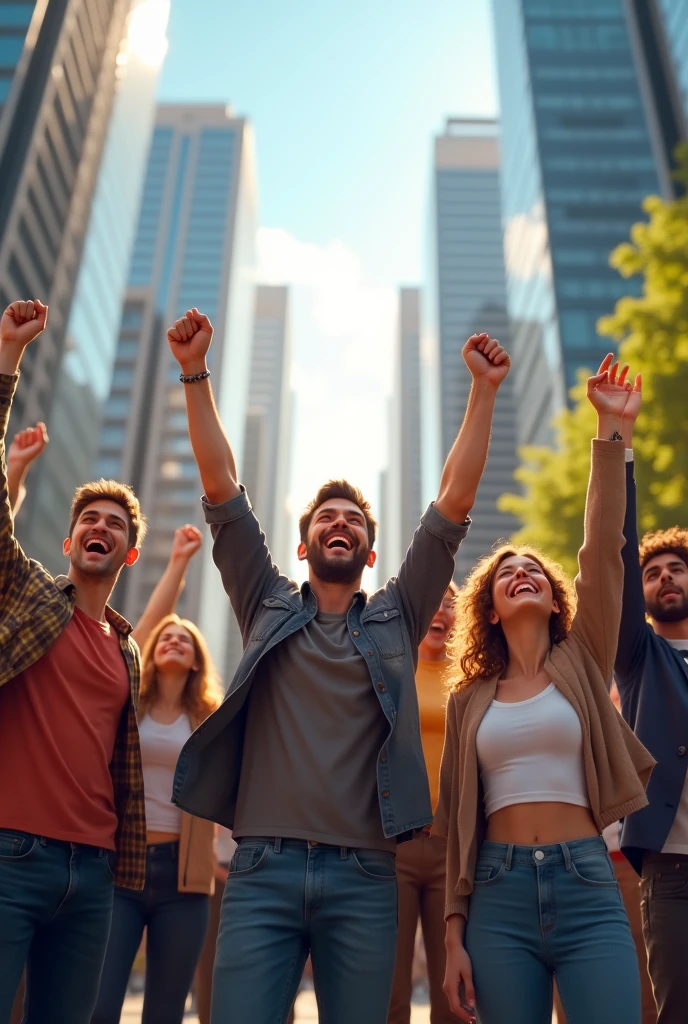 Create a group of people, men, children and women dressed casually ,with raised hands flying up into the sky of a modern city square