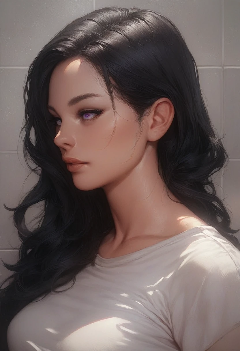 (masterpiece), expressive face, 1girl, solo focused, young adult, perfect eyes, shoulder length black hair, purple eyes, perky breasts, adult, white shirt and shorts, bathroom background, steamy, marble tiles, portrait, face focused, anime style,