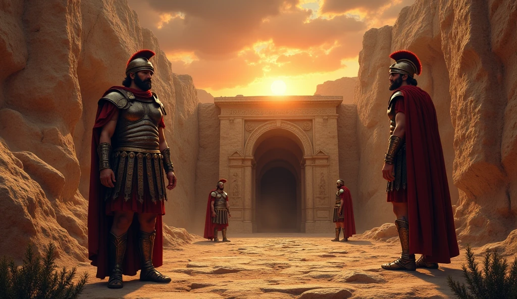"Create a realistic scene set in 1st century Jerusalem, where Roman soldiers in typical armor of the time are guarding the tomb of Jesus. The image should show three soldiers, with stern features and warning expressions, positioned around a rock-cut tomb entrance. Ao fundo, the sky must reflect a dramatic sunrise, with clouds indicating a moment of tension. The floor must be made of old stones, and some desert plants may be visible around. The atmosphere should convey a sense of anticipation and alertness., capturing the historical and spiritual importance of the moment."