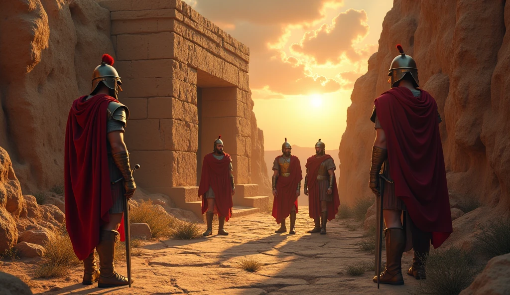 "Create a realistic scene set in 1st century Jerusalem, where Roman soldiers in typical armor of the time are guarding the tomb of Jesus. The image should show three soldiers, with stern features and warning expressions, positioned around a rock-cut tomb entrance. Ao fundo, the sky must reflect a dramatic sunrise, with clouds indicating a moment of tension. The floor must be made of old stones, and some desert plants may be visible around. The atmosphere should convey a sense of anticipation and alertness., capturing the historical and spiritual importance of the moment."