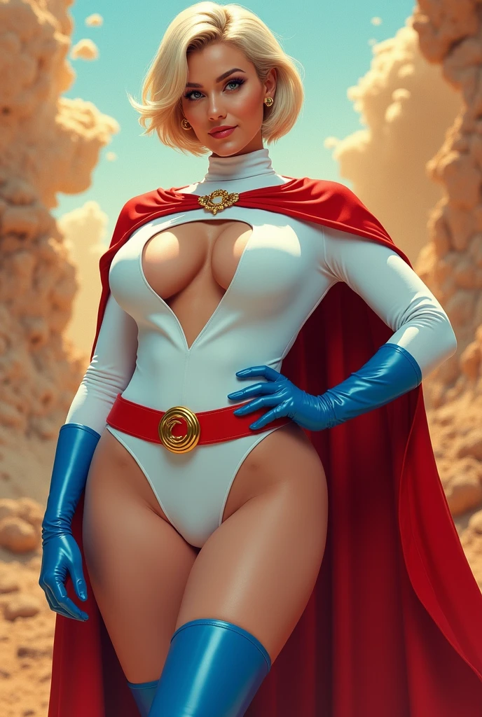 FULL BODY. A TEEN BUSTY FEMALE WITH SHORT BLONDE HAIR, BLUE EYES WEARING A WHITE TURTLE NECK LEOTARD WITH LONG SLEEVES, A LARGE ROUND CLEAVAGE CUT OUT HOLE ON THE CHEST, BLUE GLOVES, BLUE BOOTS, A RED BELT WITH A GOLD CIRCLE, A LONG RED CAPE ATTACHED AT THE NECK WITH ONE GOLD CIRCLE CLASP. (THICK ROUND PERKY BREASTS). ABSURD 8K RESOLUTION, DYNAMIC BACKGROUND.