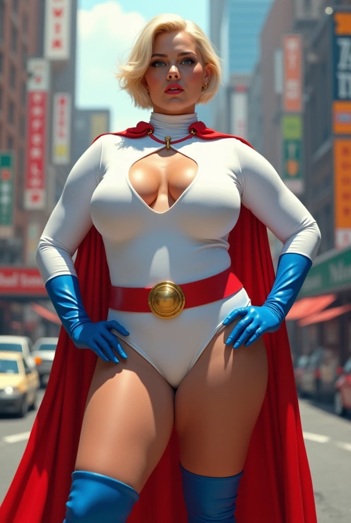 FULL BODY. A BUSTY FEMALE WITH SHORT BLONDE HAIR, BLUE EYES WEARING A WHITE TURTLE NECK LEOTARD WITH LONG SLEEVES, A LARGE ROUND CLEAVAGE CUT OUT HOLE ON THE CHEST, BLUE GLOVES, BLUE BOOTS, A RED BELT WITH A GOLD CIRCLE, A LONG RED CAPE ATTACHED AT THE NECK WITH ONE GOLD CIRCLE CLASP. (LARGE THICK ROUND BOOBS:1.2). ABSURD 8K RESOLUTION, DYNAMIC BACKGROUND.