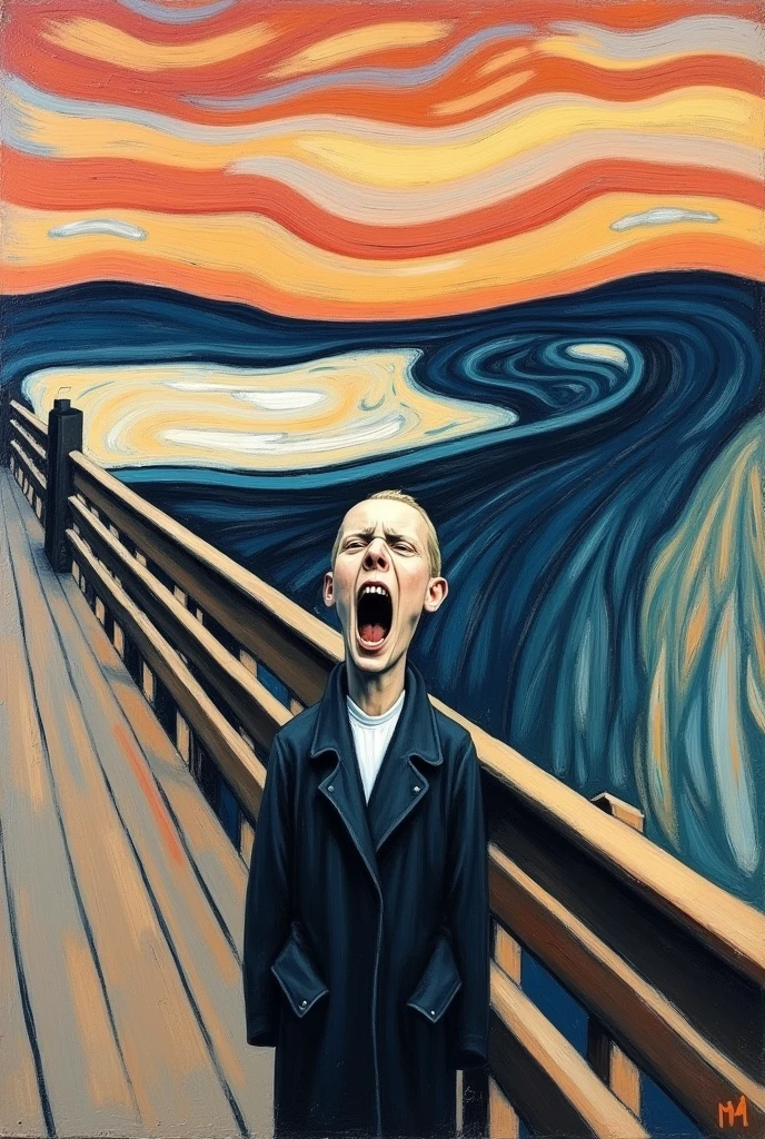 Recreate the Scream painting but done on a flat surface with some powder