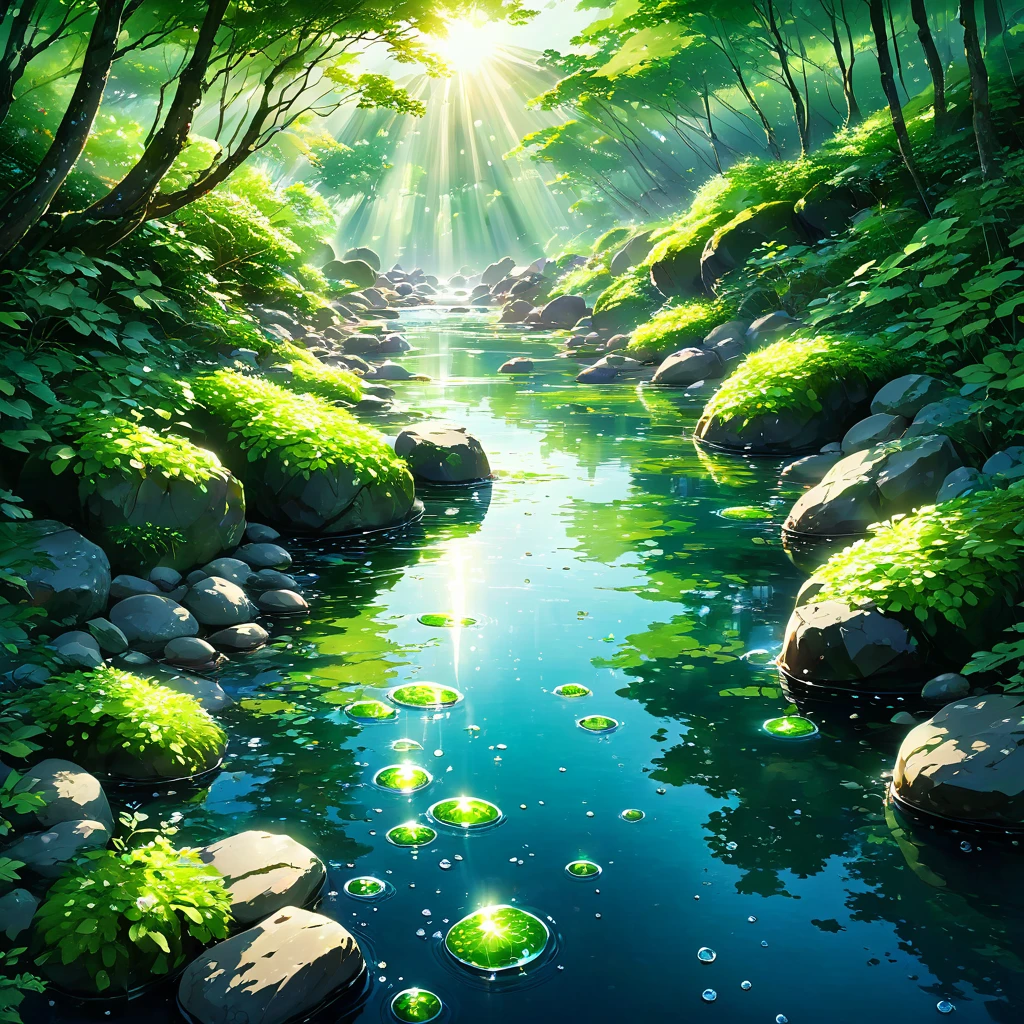 A crystal clear stream flows over smooth rocks, The icy water reflects the vibrant green of the surrounding forest.. clear々A bottle of sake sinks in a clear stream., Crispy cucumber, Juicy Tomato, The surface is dotted with refreshing water droplets.. Sunlight filters through the canopy, Draw playful patterns on the water surface、Illuminates the scene with a warm light, Attractive glow. Beautiful anime scenery, Landscape painting, Beautiful digital painting, Andreas Rocha, Beautiful artwork illustration, Awesome Wallpapers, Raymond Swanland, Tall beautiful paintings, Studio Ghibli Makoto Shinkai, Beautiful Wallpapers, Anime scenery refreshing, Calm, Idyllic, summer, nature, No humans