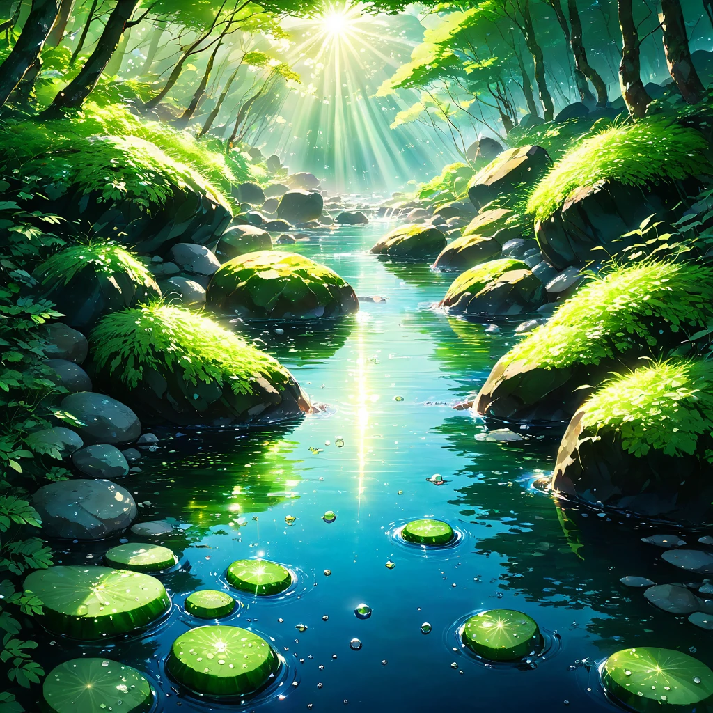 A crystal clear stream flows over smooth rocks, The icy water reflects the vibrant green of the surrounding forest.. clear々A bottle of sake sinks in a clear stream., Crispy cucumber, Juicy Tomato, The surface is dotted with refreshing water droplets.. Sunlight filters through the canopy, Draw playful patterns on the water surface、Illuminates the scene with a warm light, Attractive glow. Beautiful anime scenery, Landscape painting, Beautiful digital painting, Andreas Rocha, Beautiful artwork illustration, Awesome Wallpapers, Raymond Swanland, Tall beautiful paintings, Studio Ghibli Makoto Shinkai, Beautiful Wallpapers, Anime scenery refreshing, Calm, Idyllic, summer, nature, No humans