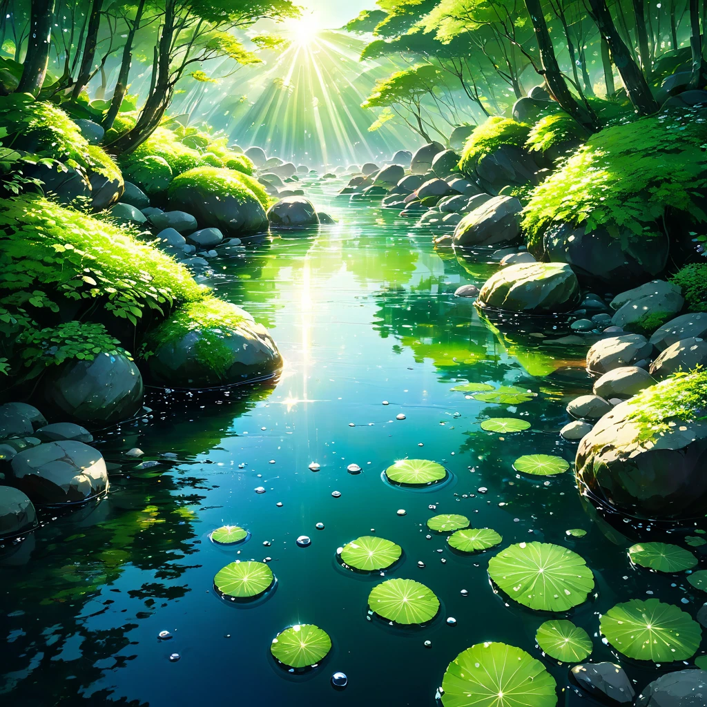 A crystal clear stream flows over smooth rocks, The icy water reflects the vibrant green of the surrounding forest.. clear々A bottle of sake sinks in a clear stream., Crispy cucumber, Juicy Tomato, The surface is dotted with refreshing water droplets.. Sunlight filters through the canopy, Draw playful patterns on the water surface、Illuminates the scene with a warm light, Attractive glow. Beautiful anime scenery, Landscape painting, Beautiful digital painting, Andreas Rocha, Beautiful artwork illustration, Awesome Wallpapers, Raymond Swanland, Tall beautiful paintings, Studio Ghibli Makoto Shinkai, Beautiful Wallpapers, Anime scenery refreshing, Calm, Idyllic, summer, nature, No humans