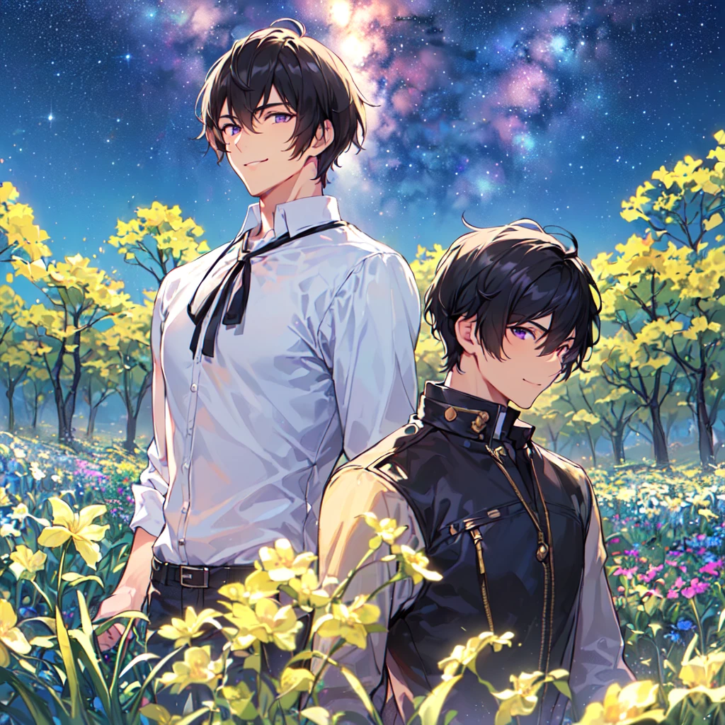 masterpiece,best quality,high quality,(1 male austere handsome solo adult age 30 years old:1.5), purple eyes, cool with suspended eyes, V-shaped eyebrows, body strong and fearless 8.5 head tall, height 185cm, (well-groomed black short hair to neck:1.4), (bangs 7 thirds parted:1.4), slender nose, facial muscles, throat, (pants in dew grass summer fashion:1.3), (walking:1.3), (stylish pose), (cool smile:1.3), (upper body:1.3), (background dew grass summer flower field:1.3) , (Milky Way Night Sky:1.3)