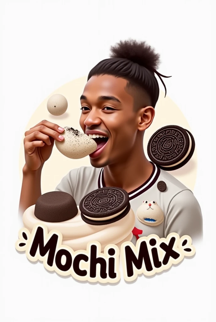 Create a logo with a mochi in the middle and Mbappe eating an oreo mochi and a text in the image saying mochi mix, more realistic, much more realistic

