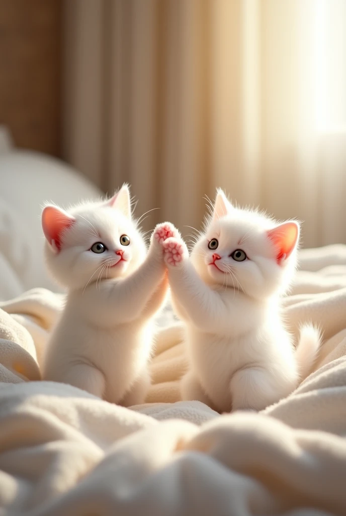 Two cute white kittens clapping hands with  each other on bed