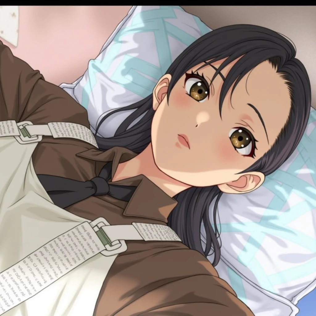((masterpiece, best quality)), (1girl), (solo), (female focus), yoru (chainsaw man),(very detailed face, real image, realistic white skin, realistic body, intricate details), upper body, serious , brown eyes, looking at the viewer, bandages over the body, black hair, far sleeve shirt, pinaforee dress, black necktie, bandages, bandages, small breasts