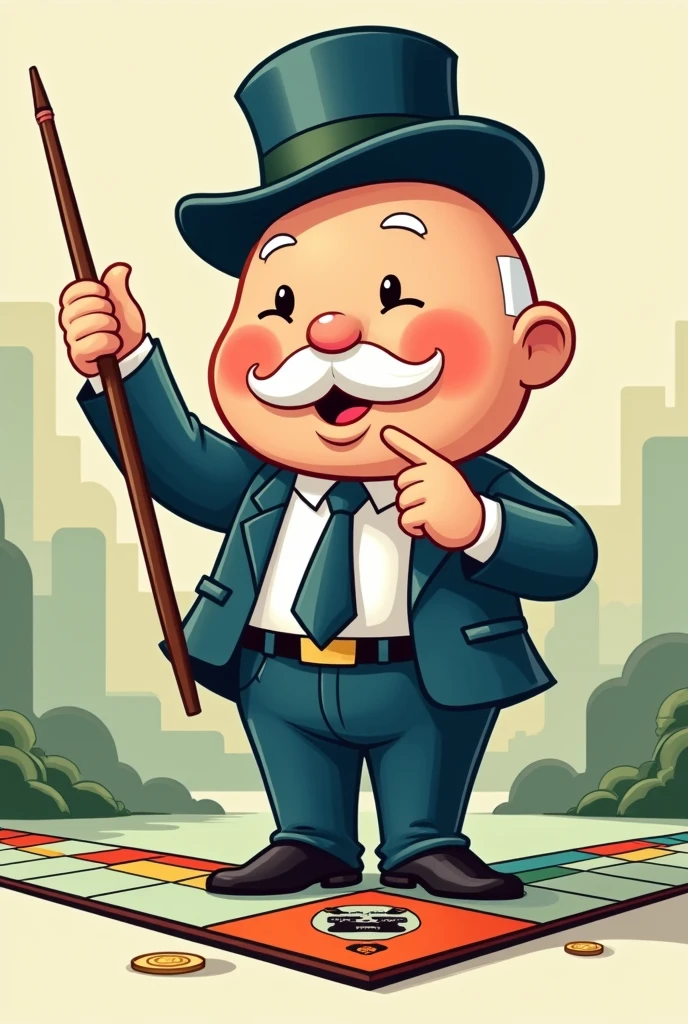 A cuter economics-related monopoly style cartoon character with a pointing stick