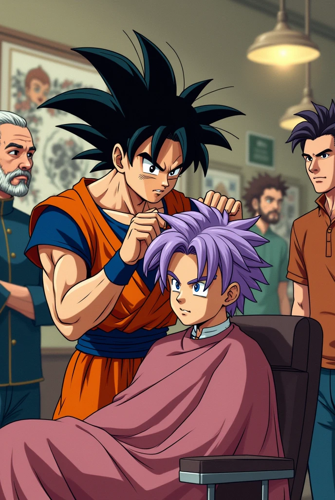 Goku cutting Truns' hair in a classic barbershop with tattoos with a classic drawing for a barbershop painting and Piccolo and the others waiting their turn