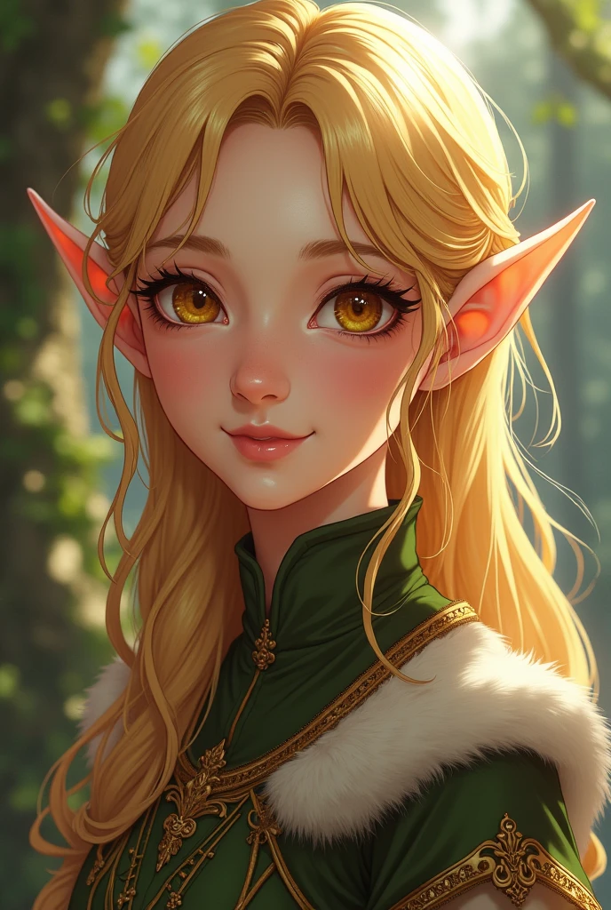 je veux une femme elfe à la peau foncée, des cheveux blonds et des yeux jaunes détaillés, un corps magnifique avec des vêtements medieval et sur son visage un doux sourire style anime