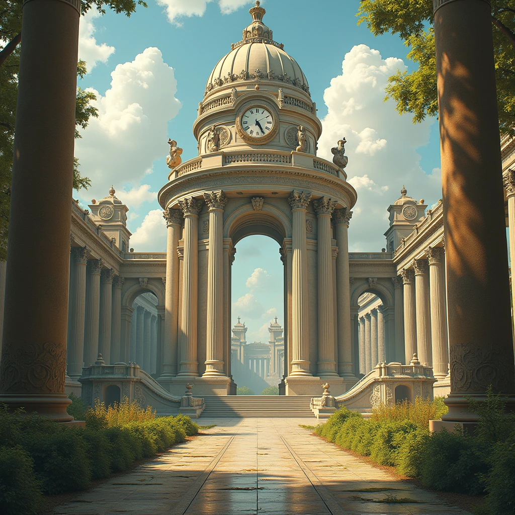 arafed structure with a clock on top of it in a park, surrealistic roman architecture, rotunda, ornate city ruins, archs and columns, san francisco, high quality architectural art, giant majestic archways, art nouveau temple, ornate architecture, hyperdetailed photograph, architecture carved for a titan, monumentally art composition, inspired by Gustave Boulanger